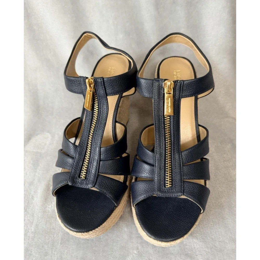 Michael Kors Sandals SZ 8 Platform Espadrilles Heels Blue Leather NEW Canvas - Picture 3 of 9